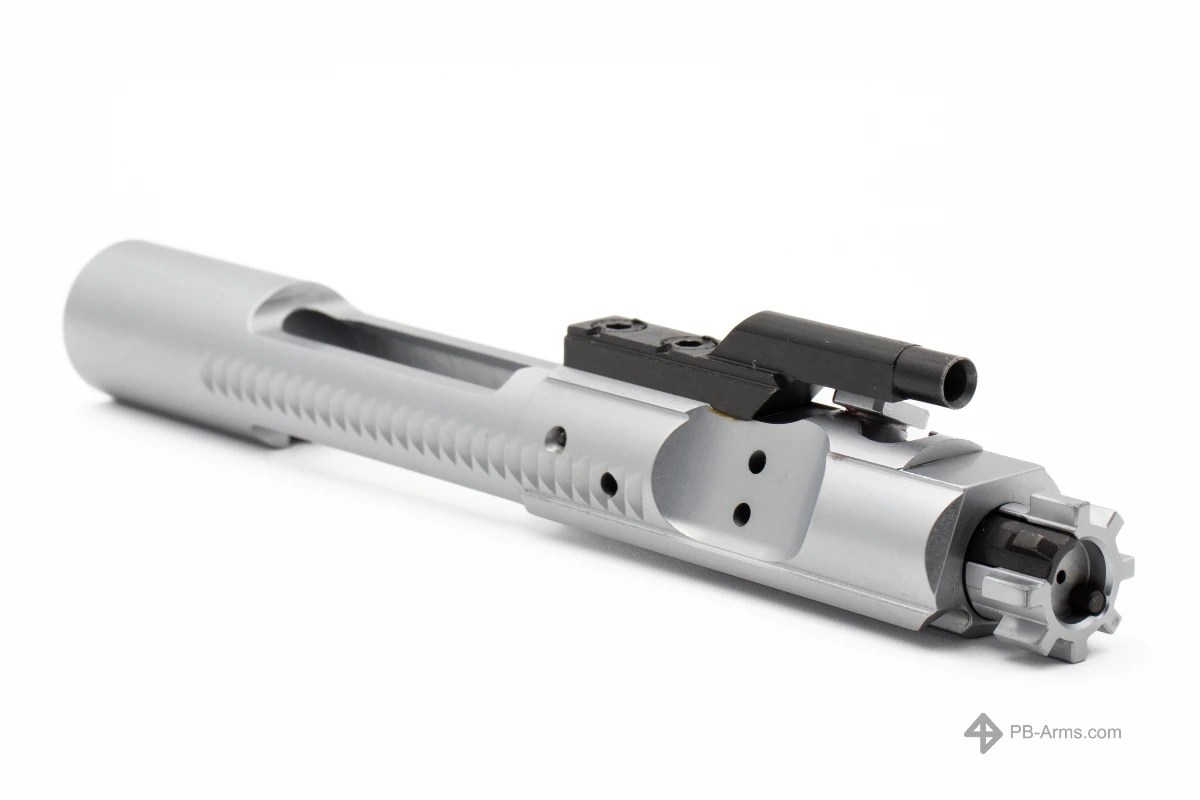 Right-side view of the Para Bellum Arms Enhanced Chrome Bolt Carrier Group, showcasing the hard chrome finish on the carrier, bolt head, and cam pin. The BCG includes the Microbest sub-components, Michiguns Optimized Carrier Key Screws (O.C.K.S.), index-marked cam pin, Sprinco 5-coil extractor spring, Sprinco ejector spring, and Sprinco gas rings for the ultimate in performance, reliability, and longevity.