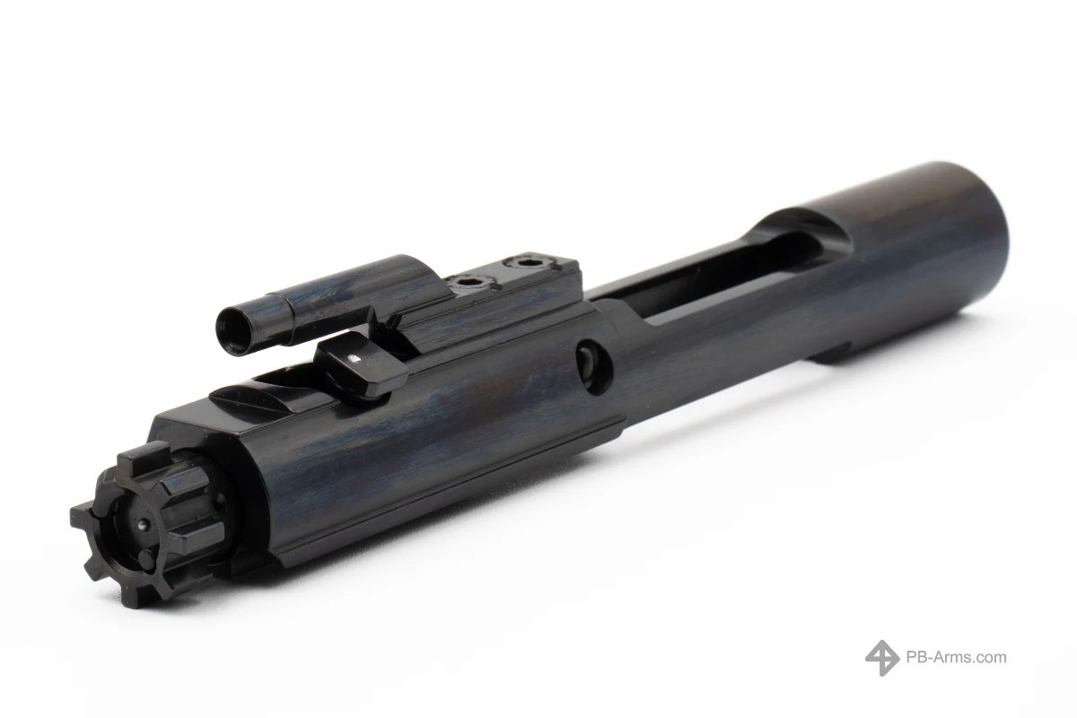 Left-side view of the Para Bellum Arms Enhanced DLC Bolt Carrier Group, showcasing the diamond-like carbon (DLC) finish on the carrier, bolt head, and cam pin. The BCG includes the Microbest sub-components, Michiguns Optimized Carrier Key Screws (O.C.K.S.), index-marked cam pin, Sprinco 5-coil extractor spring, Sprinco ejector spring, and Sprinco gas rings for the ultimate in performance, reliability, and longevity.