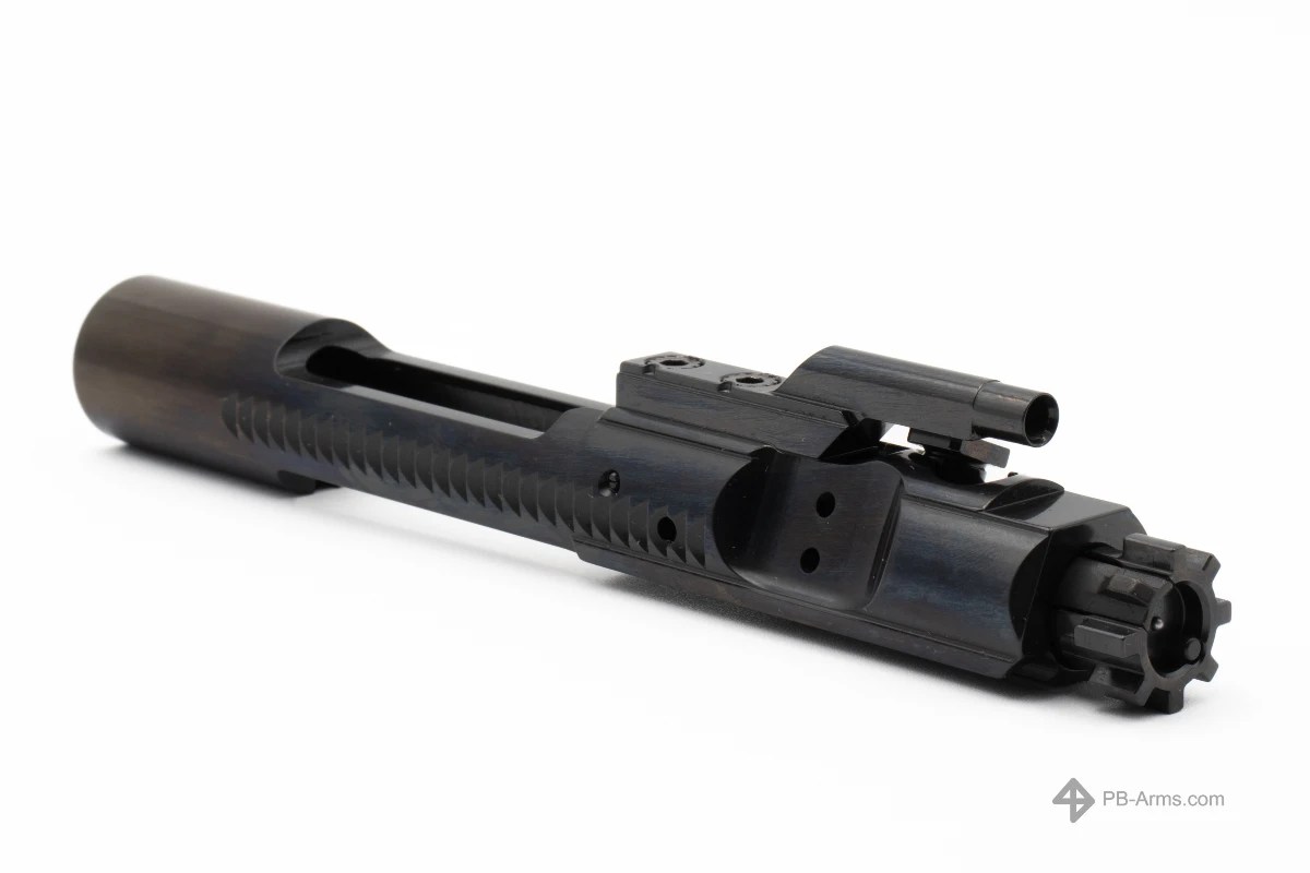 Right-side view of the Para Bellum Arms Enhanced DLC Bolt Carrier Group, showcasing the diamond-like carbon (DLC) finish on the carrier, bolt head, and cam pin. The BCG includes the Microbest sub-components, Michiguns Optimized Carrier Key Screws (O.C.K.S.), index-marked cam pin, Sprinco 5-coil extractor spring, Sprinco ejector spring, and Sprinco gas rings for the ultimate in performance, reliability, and longevity.