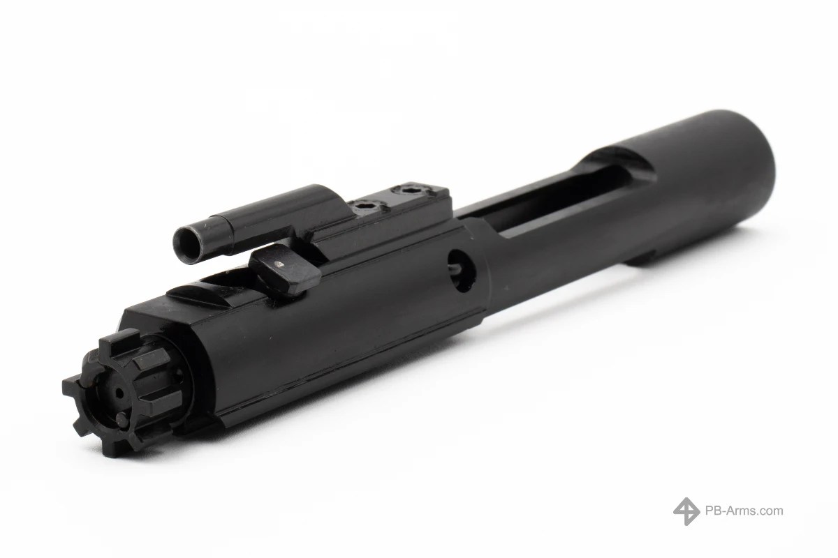 Left-side view of the Para Bellum Arms Enhanced Phosphate Bolt Carrier Group. The BCG includes the Microbest sub-components, Michiguns Optimized Carrier Key Screws (O.C.K.S.), index-marked cam pin, Sprinco 5-coil extractor spring, Sprinco ejector spring, and Sprinco gas rings for the ultimate in performance, reliability, and longevity.