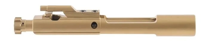 Gold-finished titanium nitride AR-15 BCG; extremely hard (80+ HRC), corrosion-resistant, and low-friction surface ideal for slick, high-performance cycling.