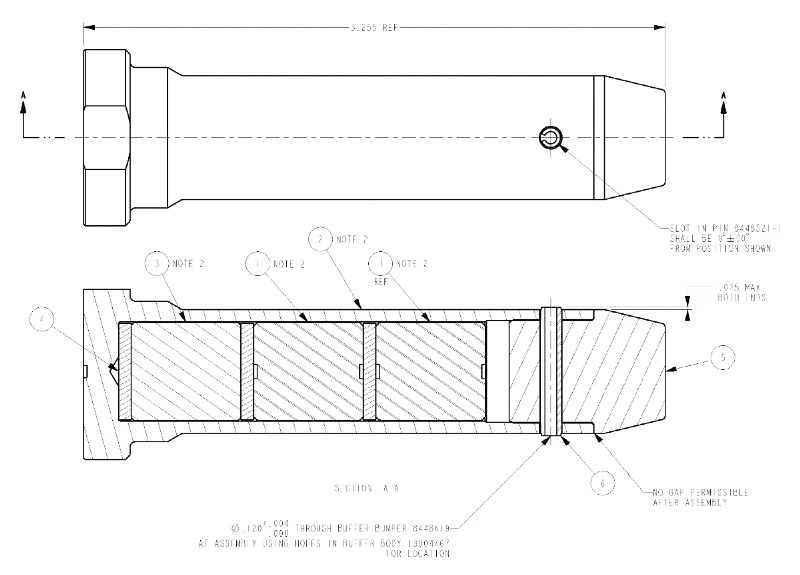 Technical drawing of a carbine buffer assembly showing both exterior and cross-section views, with internal components such as the buffer body, weights, spacers, buffer bumper, and roll pin labeled.
