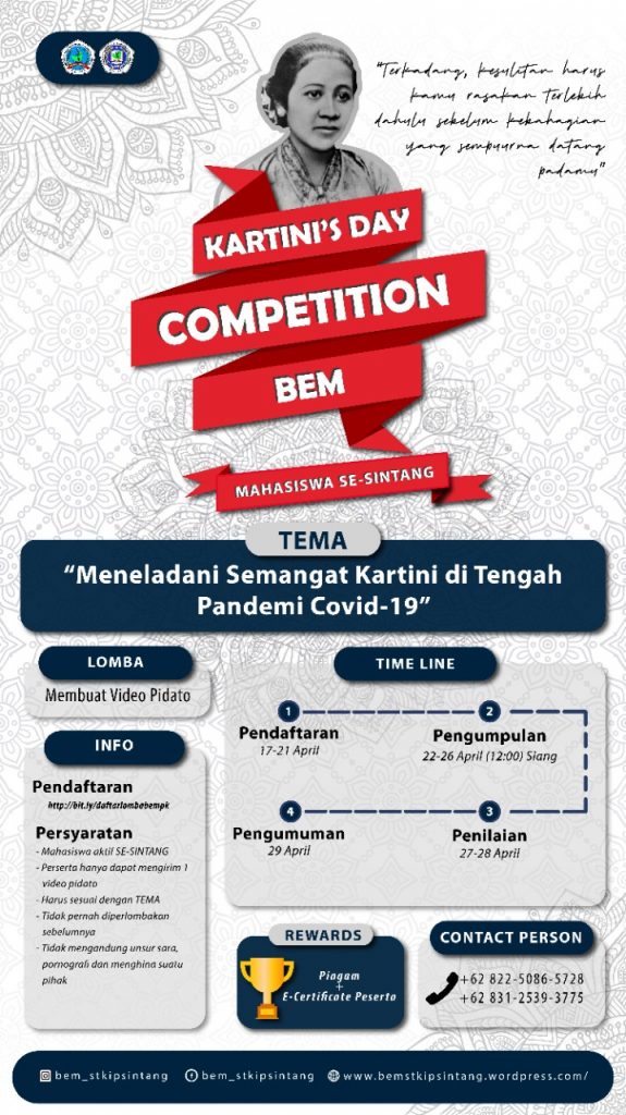 Dan untuk yang masih bersekolah tentunya segala persiapan akan dilakukan untuk menyambut peringatan hari kartini pahlawan indonesia yaitu raden ajeng kartini yang memperjuangkan hak dan emansipasi wanita, nah di bawah ini adalah contoh. Lomba Pidato Memperingati Hari Kartini Bem Stkip Pk Pendidikan Bahasa Inggris