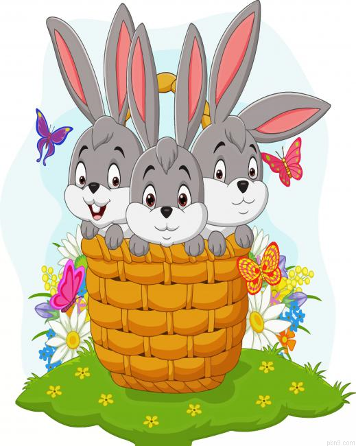 Three Rabbits In Basket Vector Paint By Number Kit