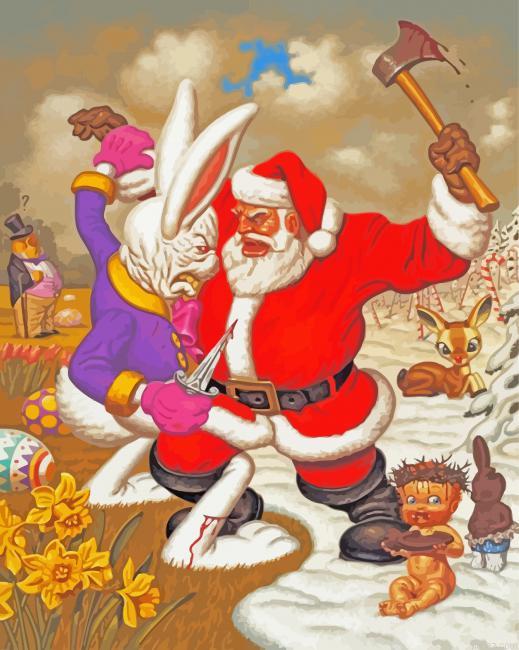 Santa Fighting With A Big Rabbit Paint By Numbers