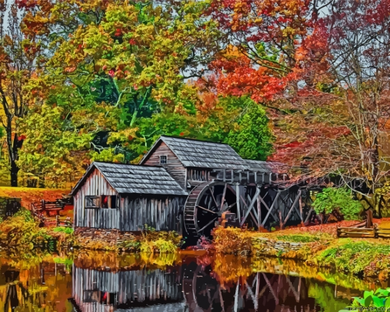 Blue Ridge Mill In Fall Paint by Number Kit