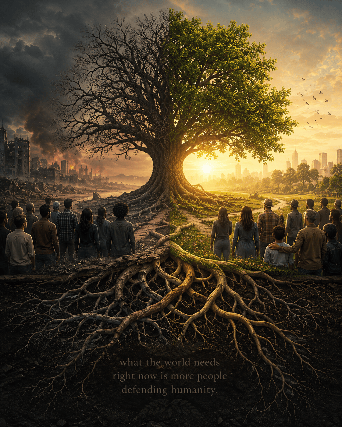 A symbolic tree stands between a storm-filled landscape and a peaceful sunlit world, its roots connecting both sides while people gather beneath it. The image represents humanity, unity, and the shared responsibility to choose compassion, dignity, and understanding over division.