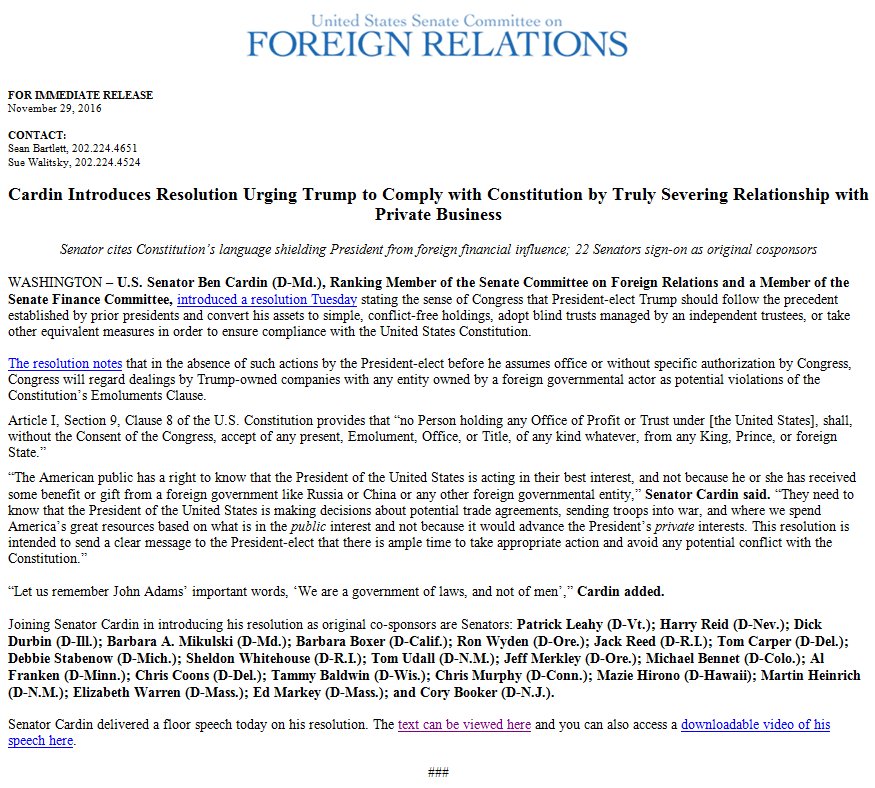 Links to the personal statements: Kyle Griffin On Twitter Inbox Sen Ben Cardin Introduces Resolution Urging Trump To Comply With Constitution By Truly Severing Relationship With Private Business Https T Co Ebouzxuz08 Twitter