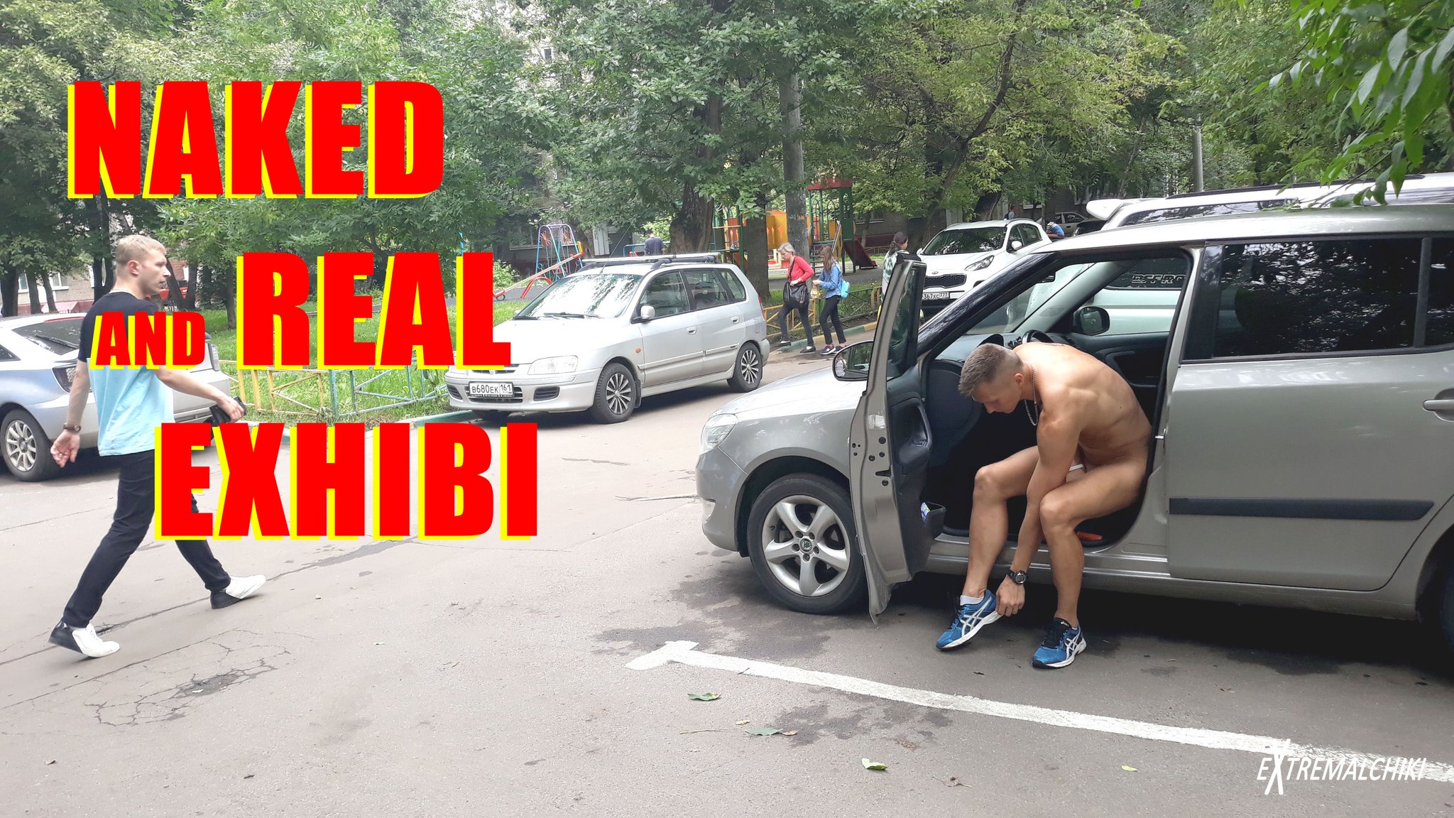 Fresh morning before summer naked trip in the car outdoor public car ga...