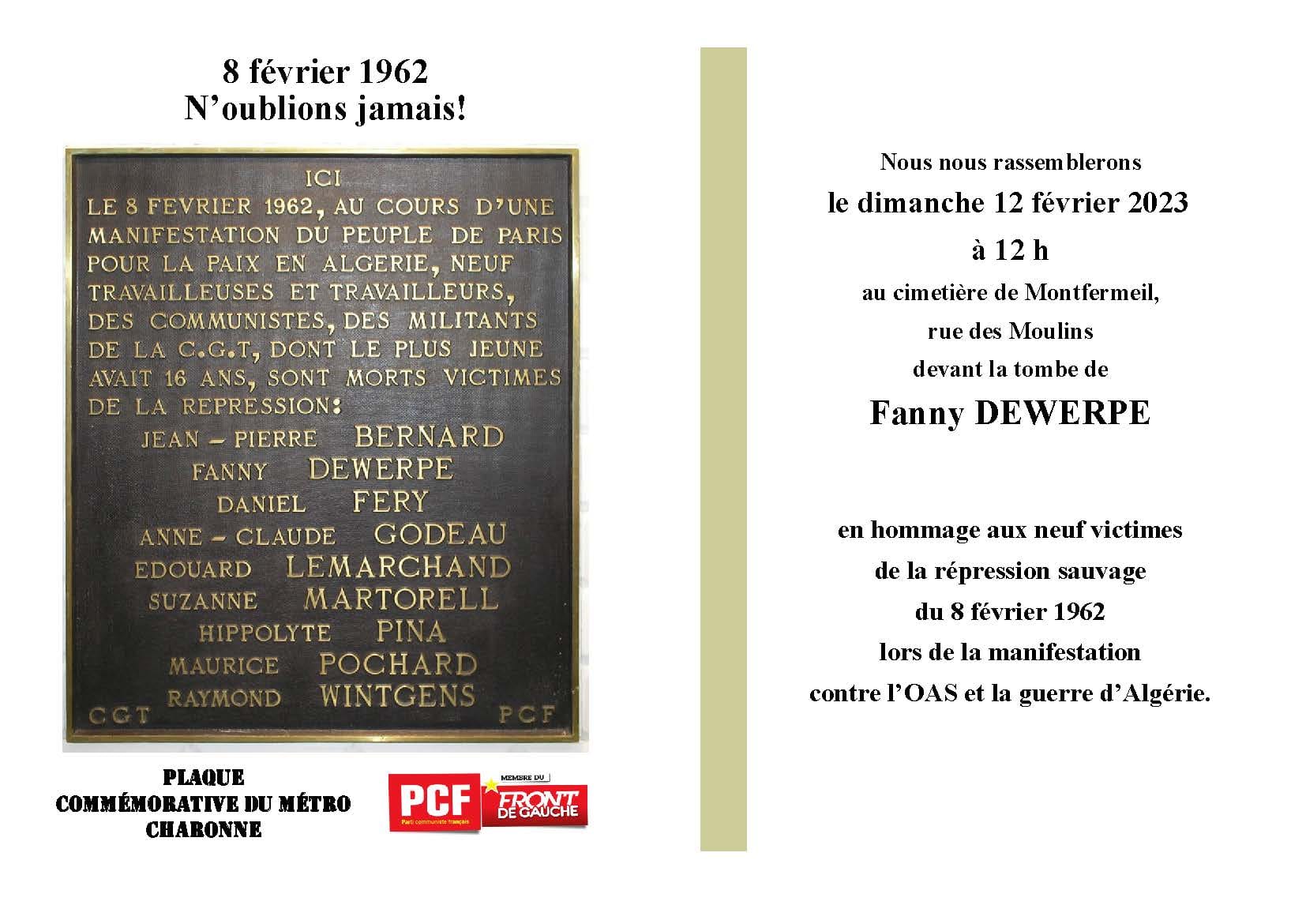 Commémoration 8 février 1962 : le massacre de Charonne