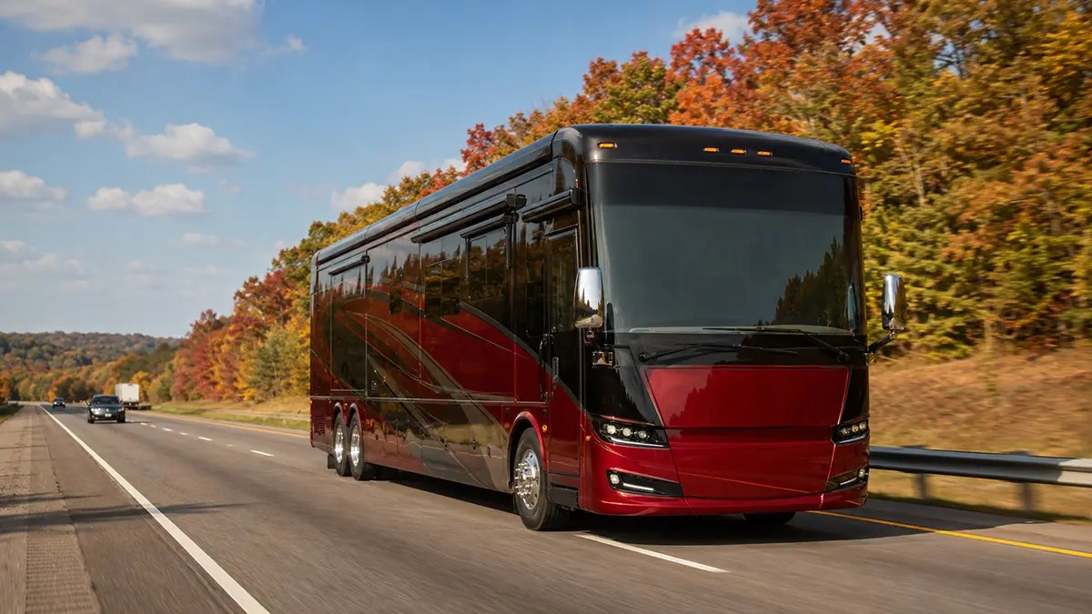 Fall RV Travel May Save Money: A Luxury Big Rig RV Traveling Down I-40 in the Fall