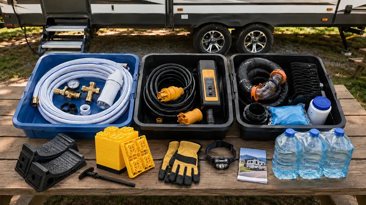 Full-Hookup Equipment Every First-Time RVer Should Carry. An Illustration of Essential Items Every RVer Should Pack