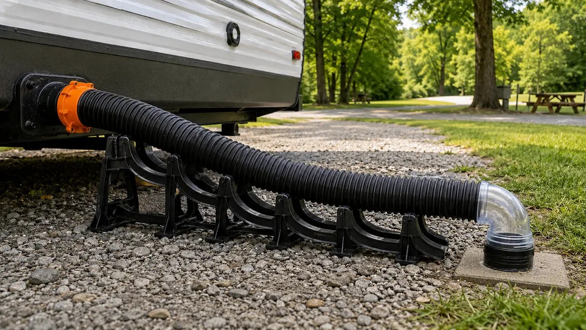 How to Connect an RV Sewer Hose: Illustration of sewer hose assembly at campsite