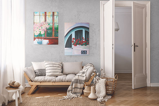 Paintings displayed in a comfortable home