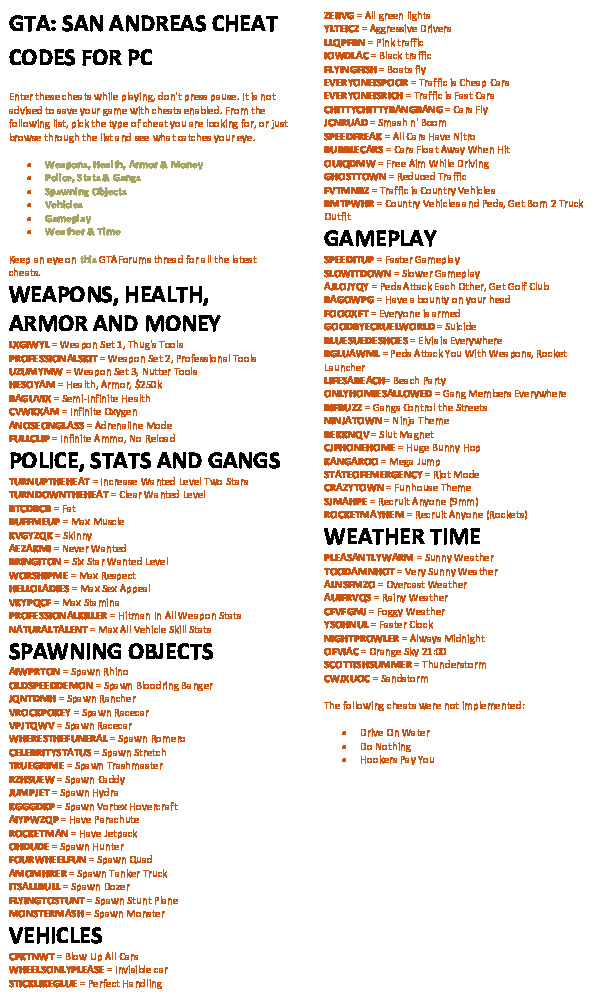 Gta San Andreas Cheat Codes PC PDFCOFFEE COM Gta San Andreas Cheat Codes Pc Pdf Free 