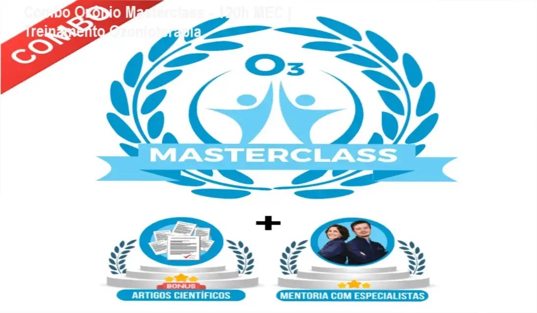 Capa ilustrativa do ebook Combo Ozônio Masterclass com destaque para certificação MEC e métodos científicos de ozonioterapia.