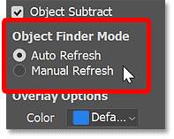 Using the Object Selection Tool and Object Finder in Photoshop 2022 44 The Auto Refresh and Manual Refresh options for the Object Finder in Photoshop 2022