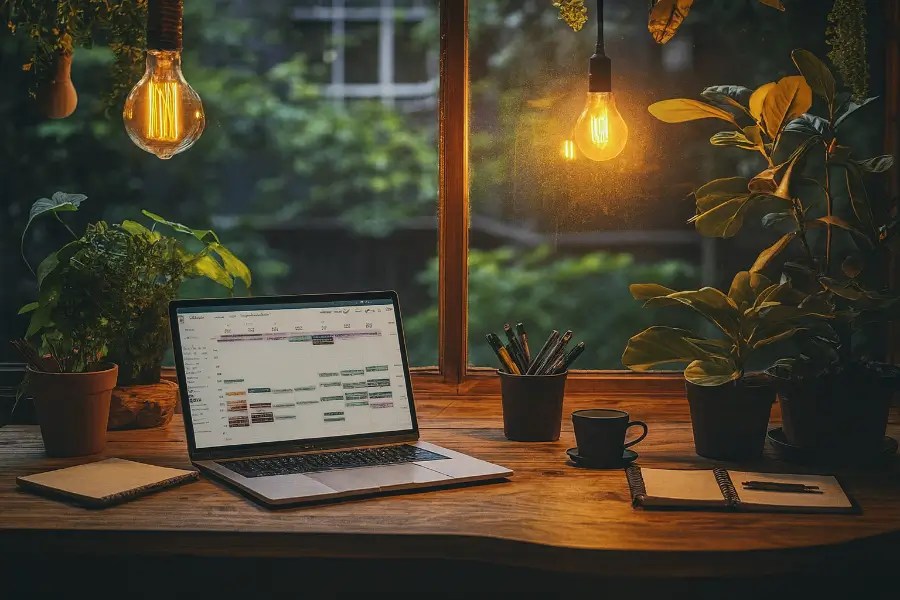 Cozy home workspace with wooden desk, open laptop displaying a digital calendar app, surrounded by potted plants, notebooks, and warm Edison-style hanging lights. The serene setting includes a window view of lush greenery, evoking calm, mindfulness, and intentional planning. Ideal visual for articles on digital organization, Google Calendar setups, wellness rituals, and peaceful productivity.