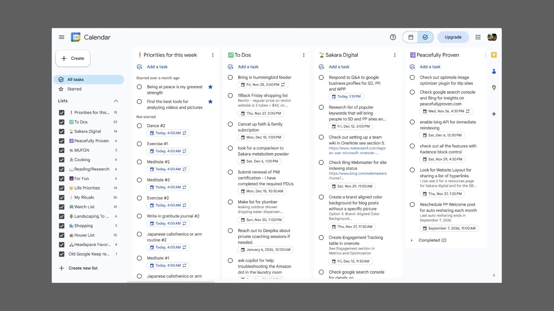 Screenshot of a Google Calendar weekly view showing color-coded events, recurring goals, mood tracker entries, and a visible task list panel titled “Priorities for this week.” Includes calendars for Home Appointments, Away, Chores, Mantras, Monthly Goals, Weekly Goals, and Mood Tracker. Demonstrates digital planning, time management, wellness tracking, and productivity organization using Google Calendar and Tasks.         loading=
