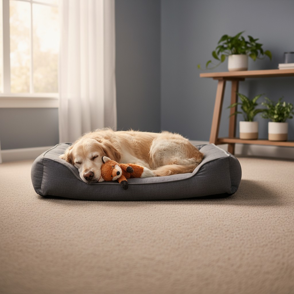 A serene scene of a sleeping dog curled up in a dog bed with a stuffed fox toy, set against a softly lit room backdrop.