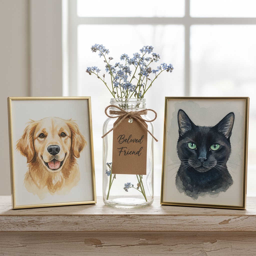 Two paintings of dogs and cats on a shelf next to a glass jar holding flowers with the words "Beloved Friend".
