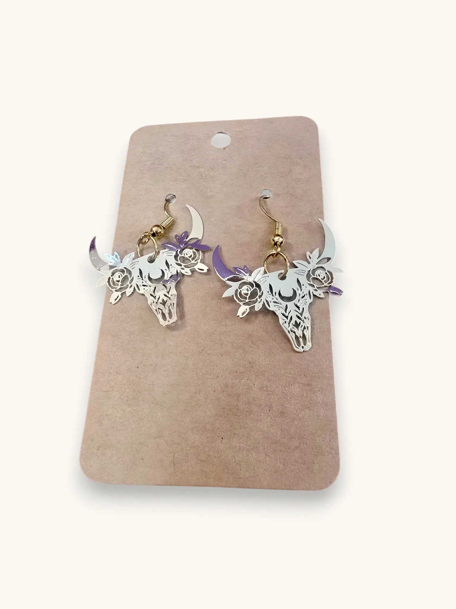 Gold Filigree Floral Steer Skull Earrings Boho Western Cowgirl Celestial Moon