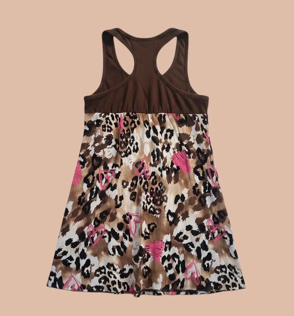 Y2K Girls Brown Sequin Leopard Print Pink Hearts Babydoll Tank Top Size M 10/12 image 2
