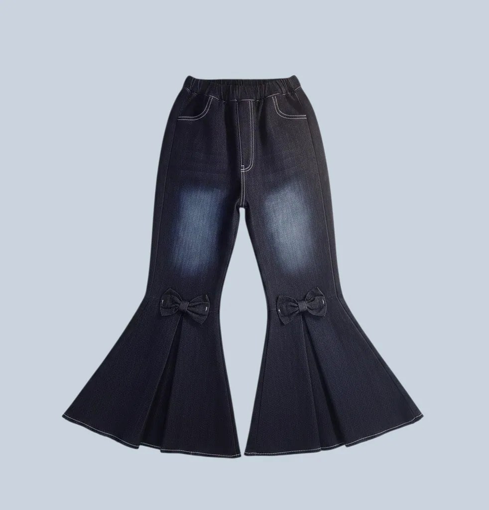Girls Dark Wash Extreme Bell Bottom Denim Jeans Bow Accent Fringe Hem Size 140 9-10