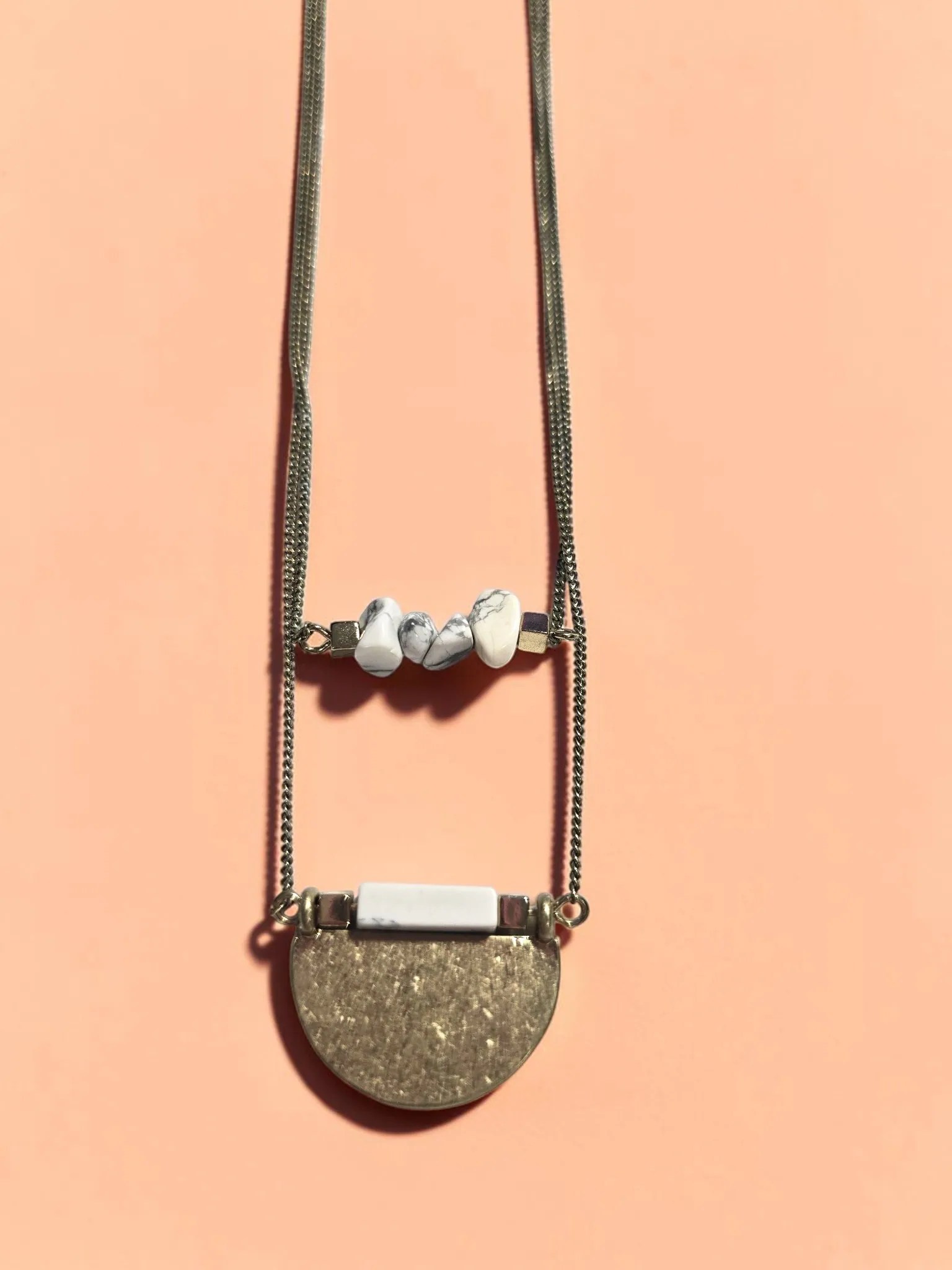 Bohme Geometric Layered Necklace White Turquoise Chip Hammered Crescent Pendant image 2