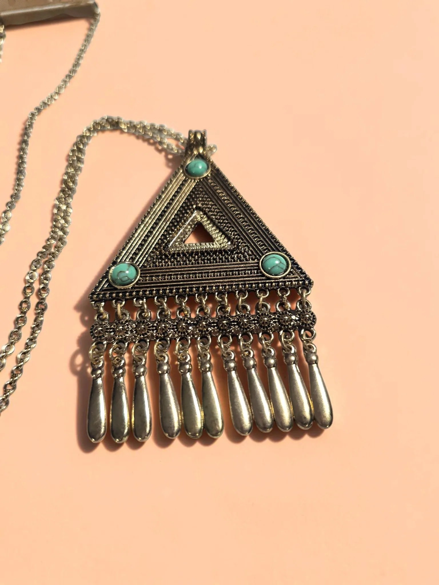 Bohme Antique Silver Ornate Triangle Pendant Necklace Turquoise Accents image 3