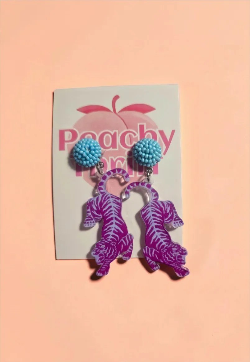 Purple Prowling Tiger Acrylic Drops with Sky Blue Beaded Studs