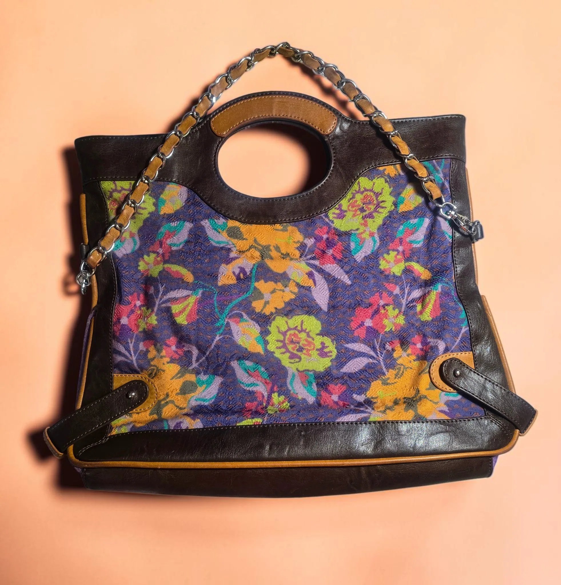 Corazón de Melón Mexican Floral Tapestry Satchel Bag Cutout Handles Chain Strap image 2