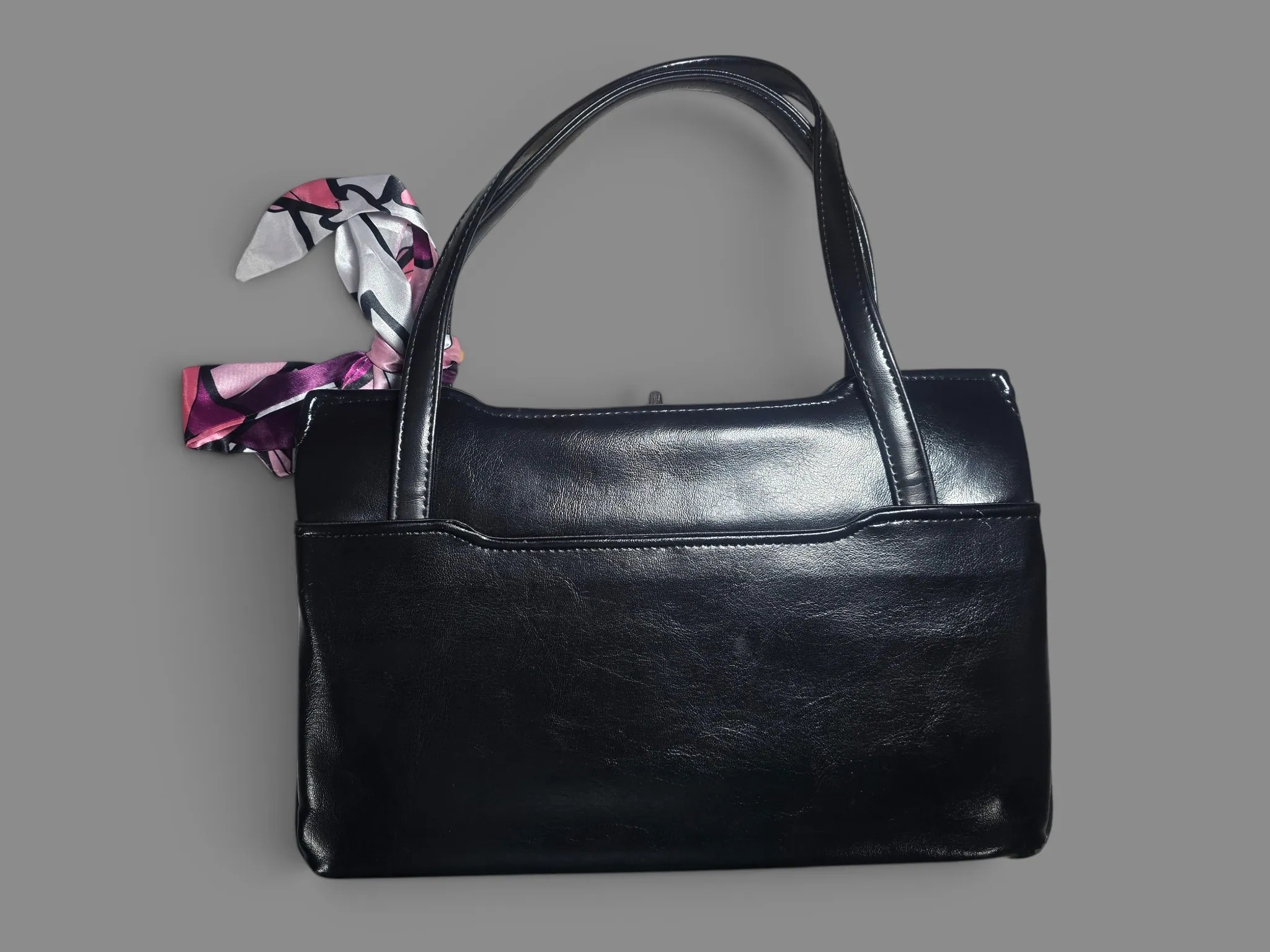 Black Push Back Frame Clasp Satchel Vintage Vibe Bag Multi Compartment Scarf Accent image 2