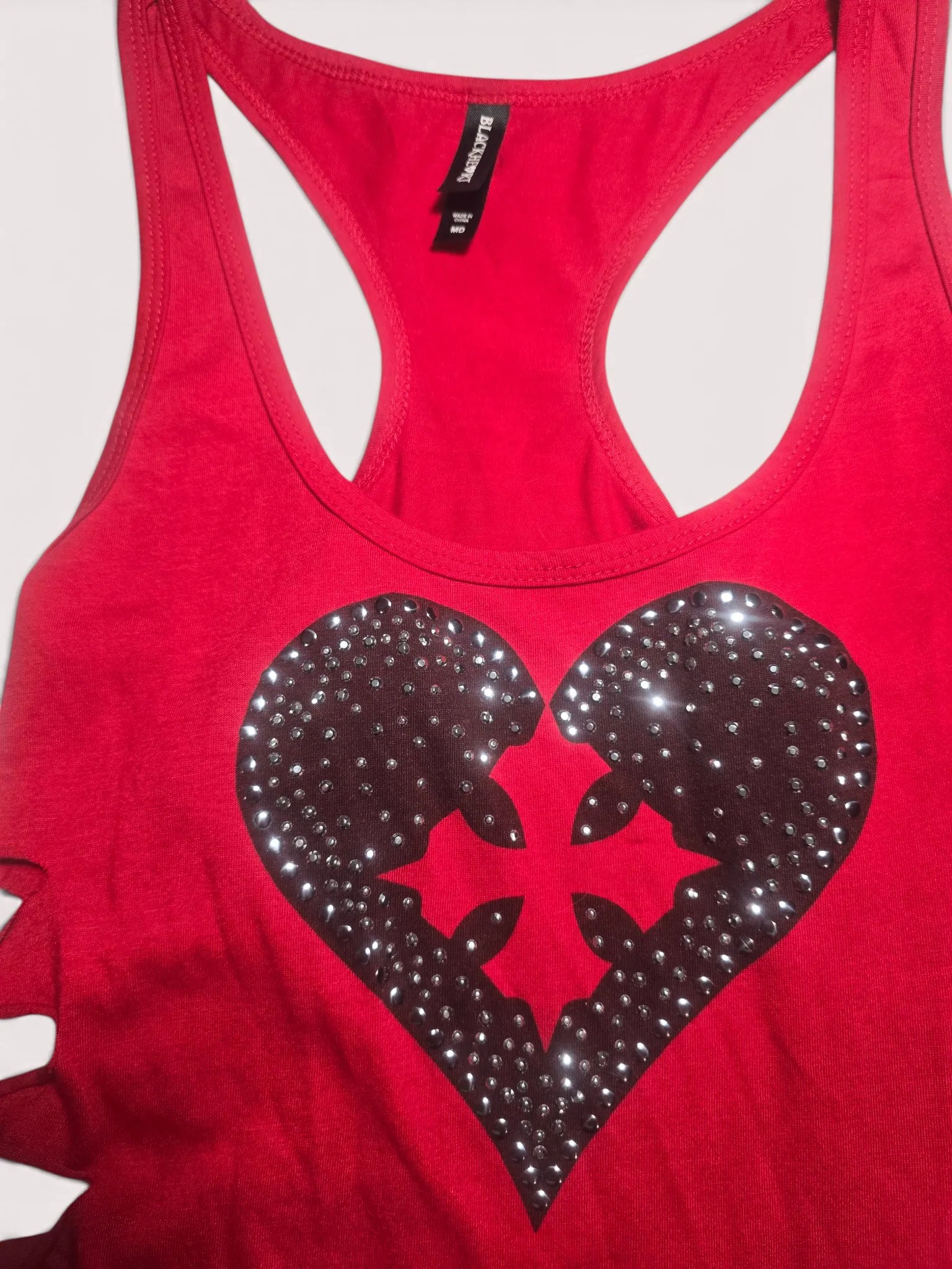 Blackheart Size M Red Rhinestone Heart Cross Slash Cutout Side Tank Top Y2K Goth image 3
