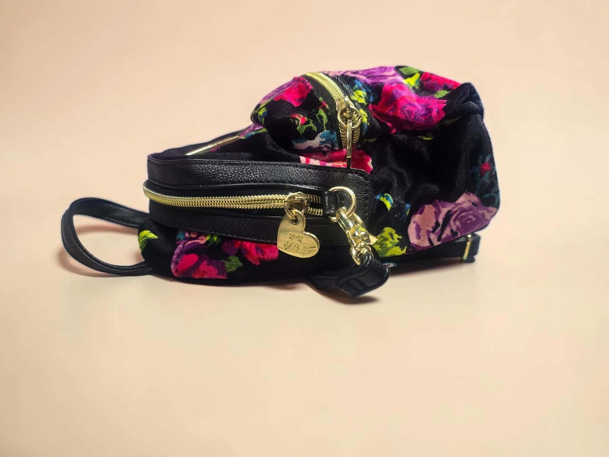 Betsey Johnson Black & Purple Floral Velvet Convertible Mini Backpack image 5