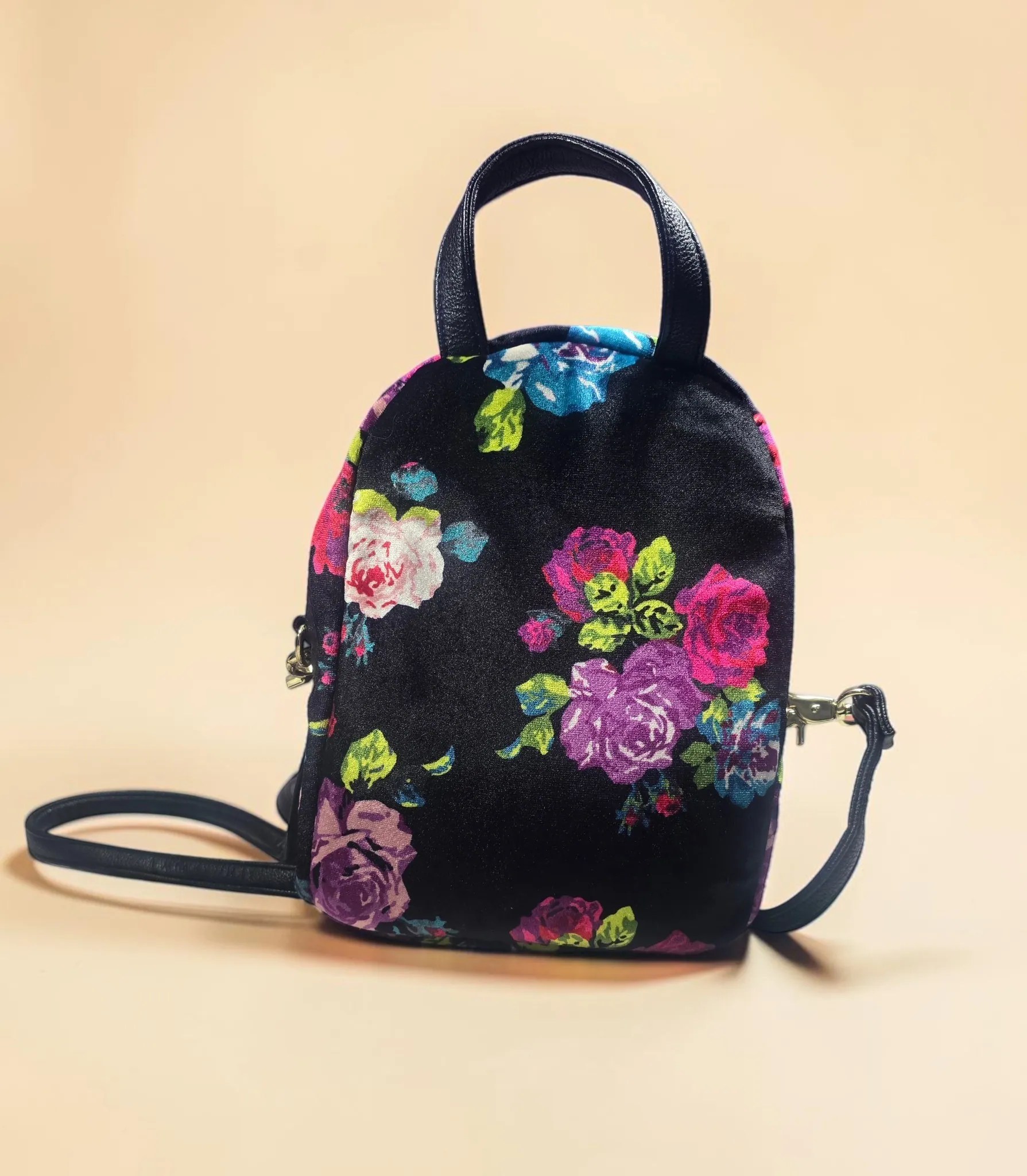 Betsey Johnson Black & Purple Floral Velvet Convertible Mini Backpack image 3