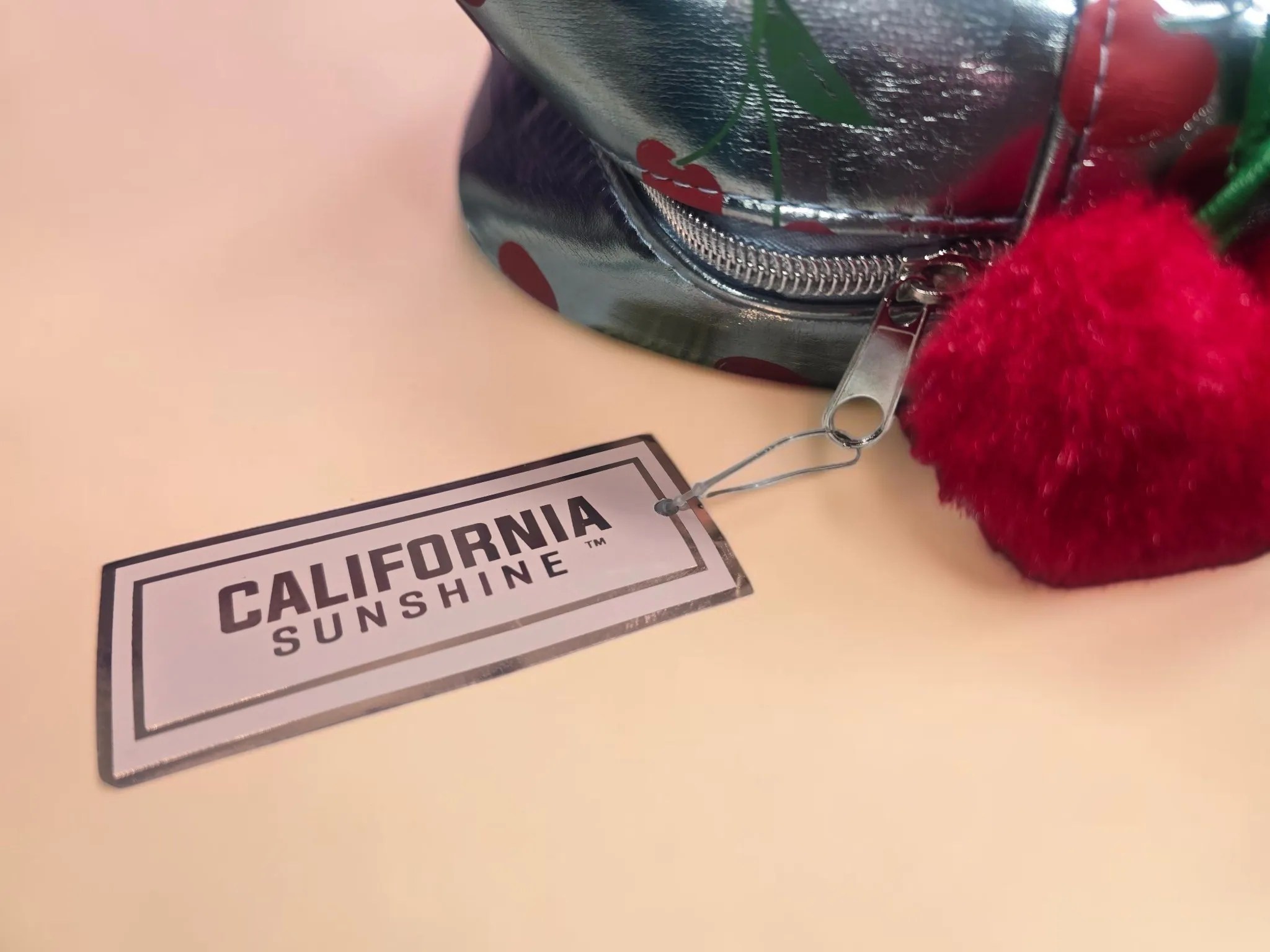 California Sunshine Y2K Metallic Silver Cherry Mini Backpack Red Pom Pom Charm image 4