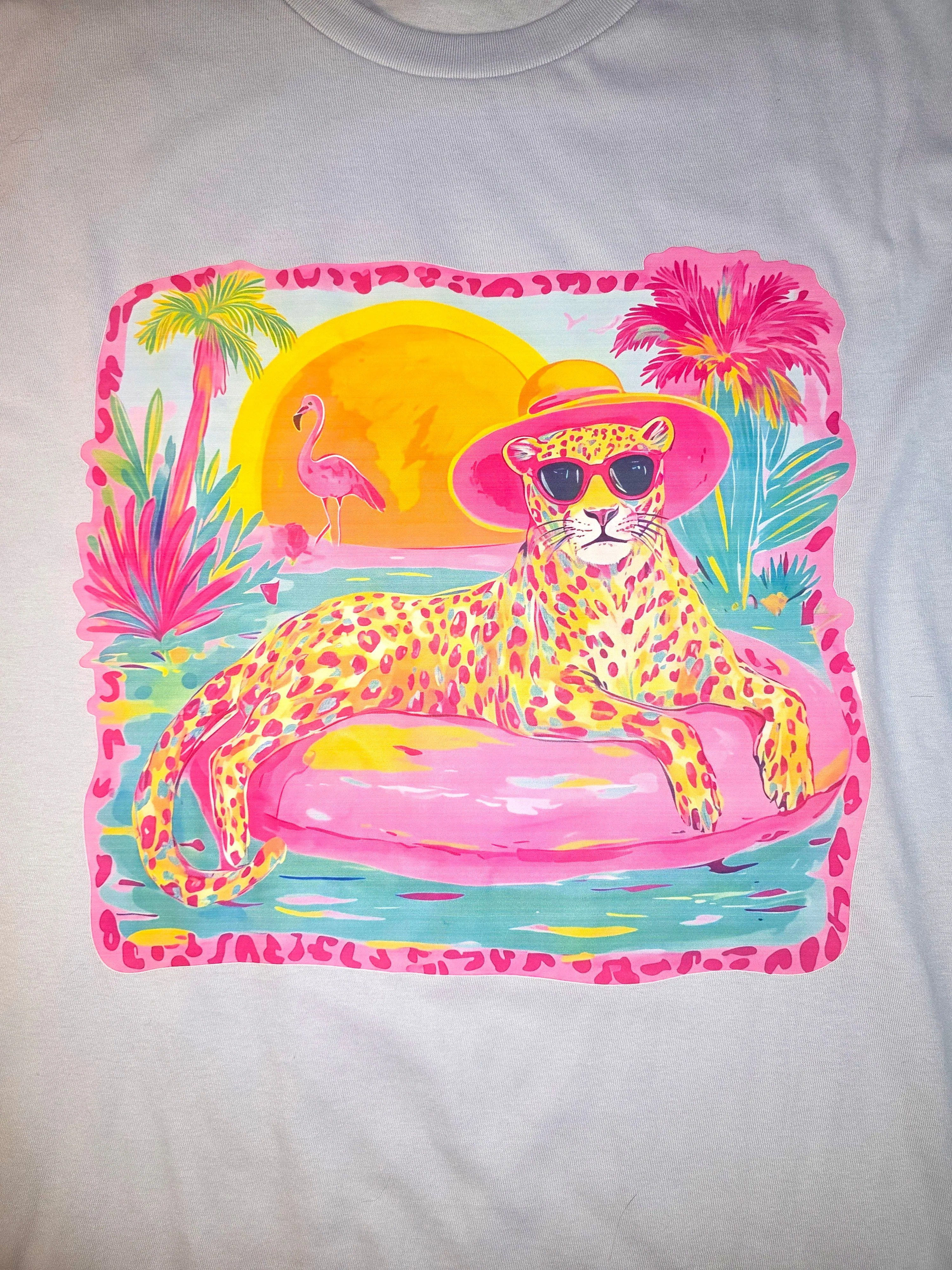 Sassy Summer Tropical Leopard & Flamingo Beach Graphic Tee - L image 3