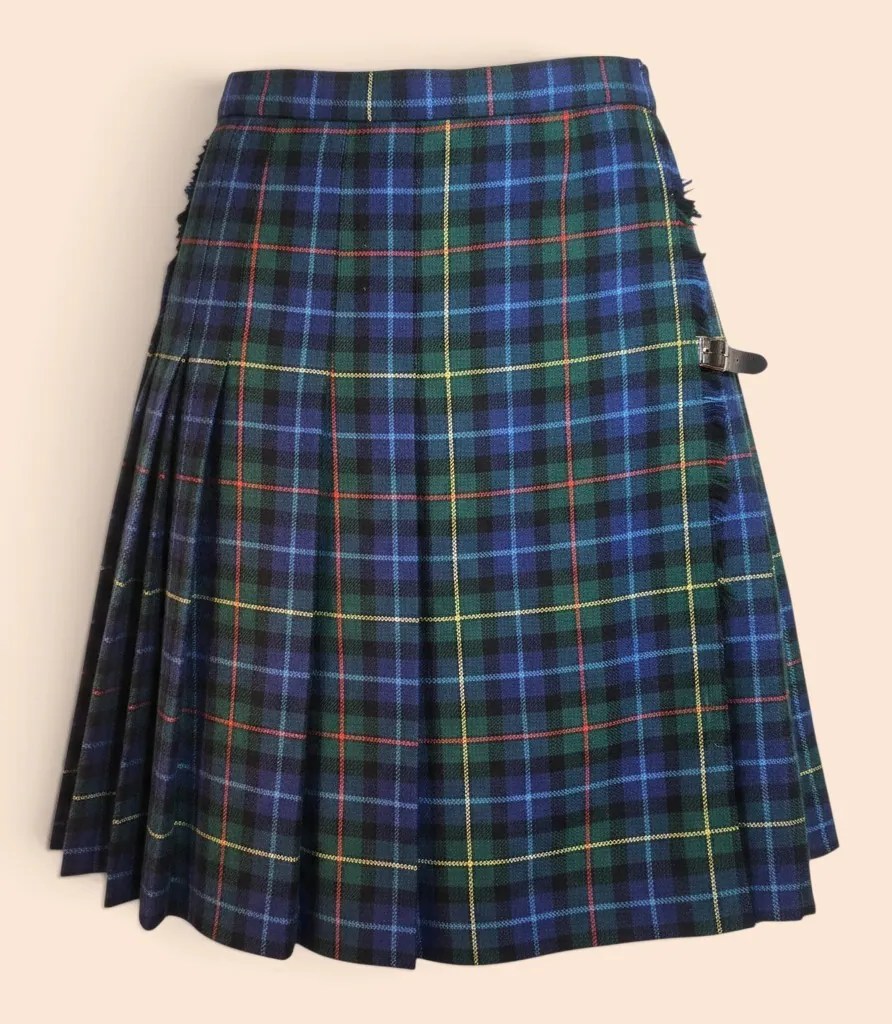 Vintage 70s 80s Leather Strap Plaid Kilt Skirt Fringed Apron & Kilt Pin