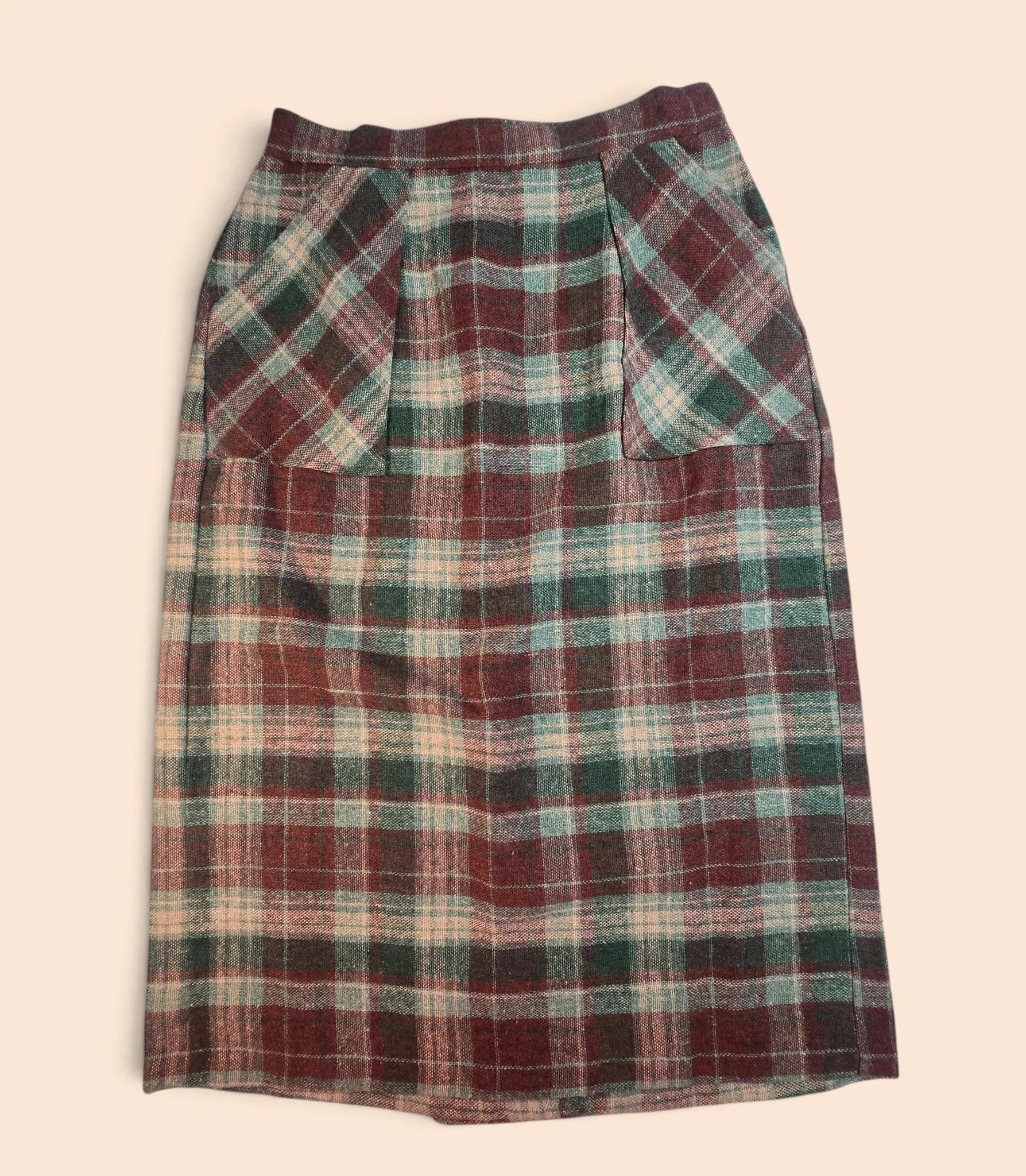 Vintage 70s 80s Earth Tone Plaid Tweed Wrap Midi Skirt Pockets Rust Green