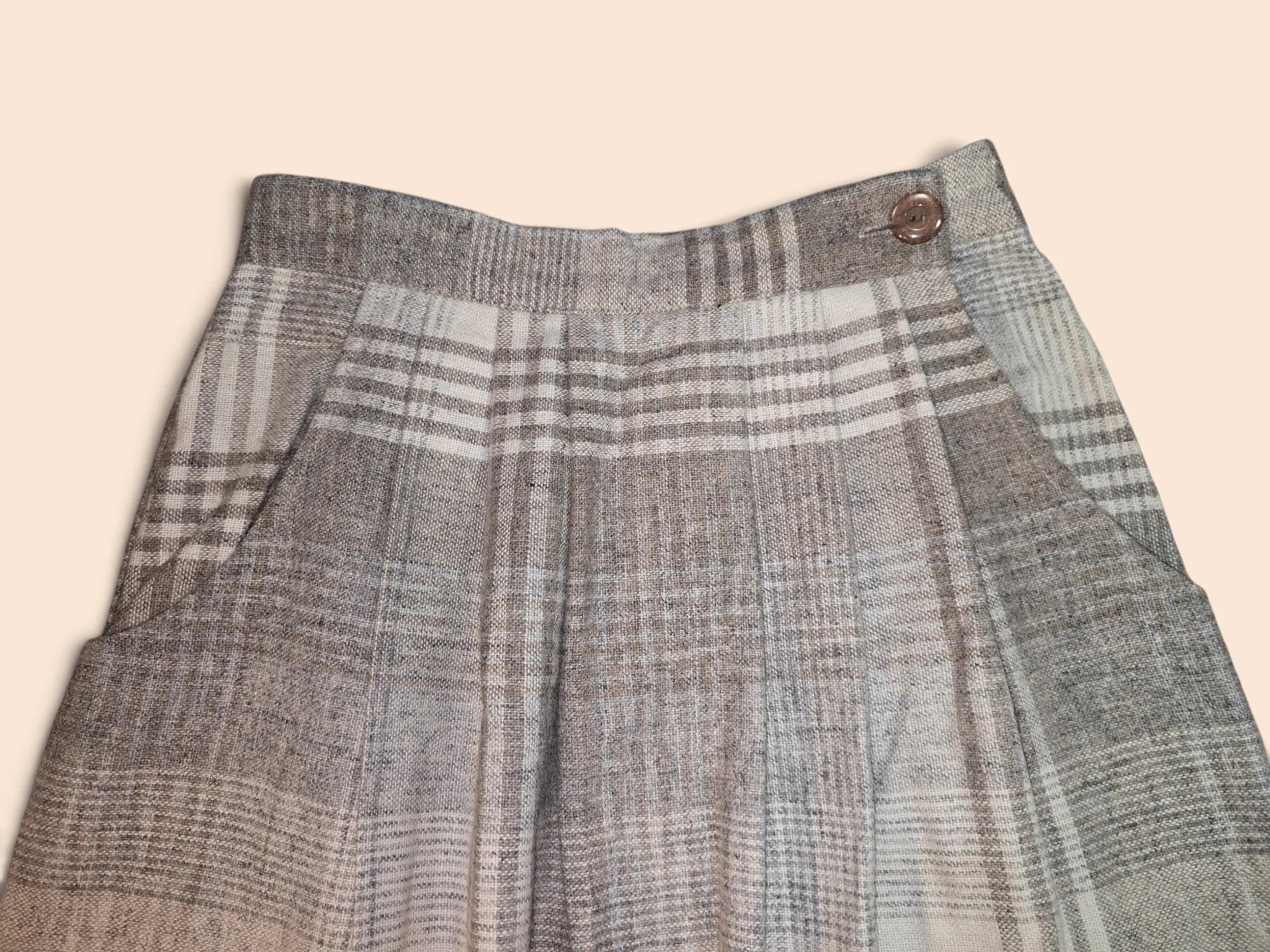 Vintage 70s Bentley Neutral Plaid Midi Skirt Pockets Beige Taupe Wool Blend image 2