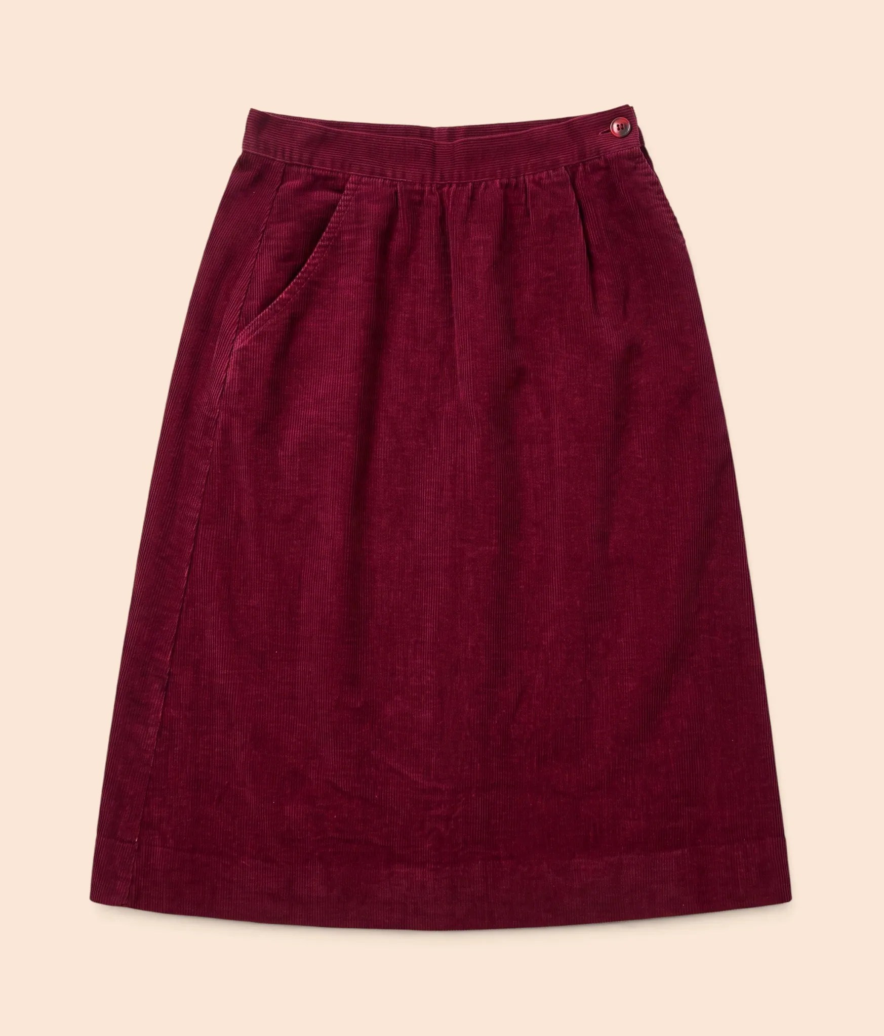 Vintage 70s 80s Corduroy High Waist Skirt Burgundy Wine Red Pockets 25 26