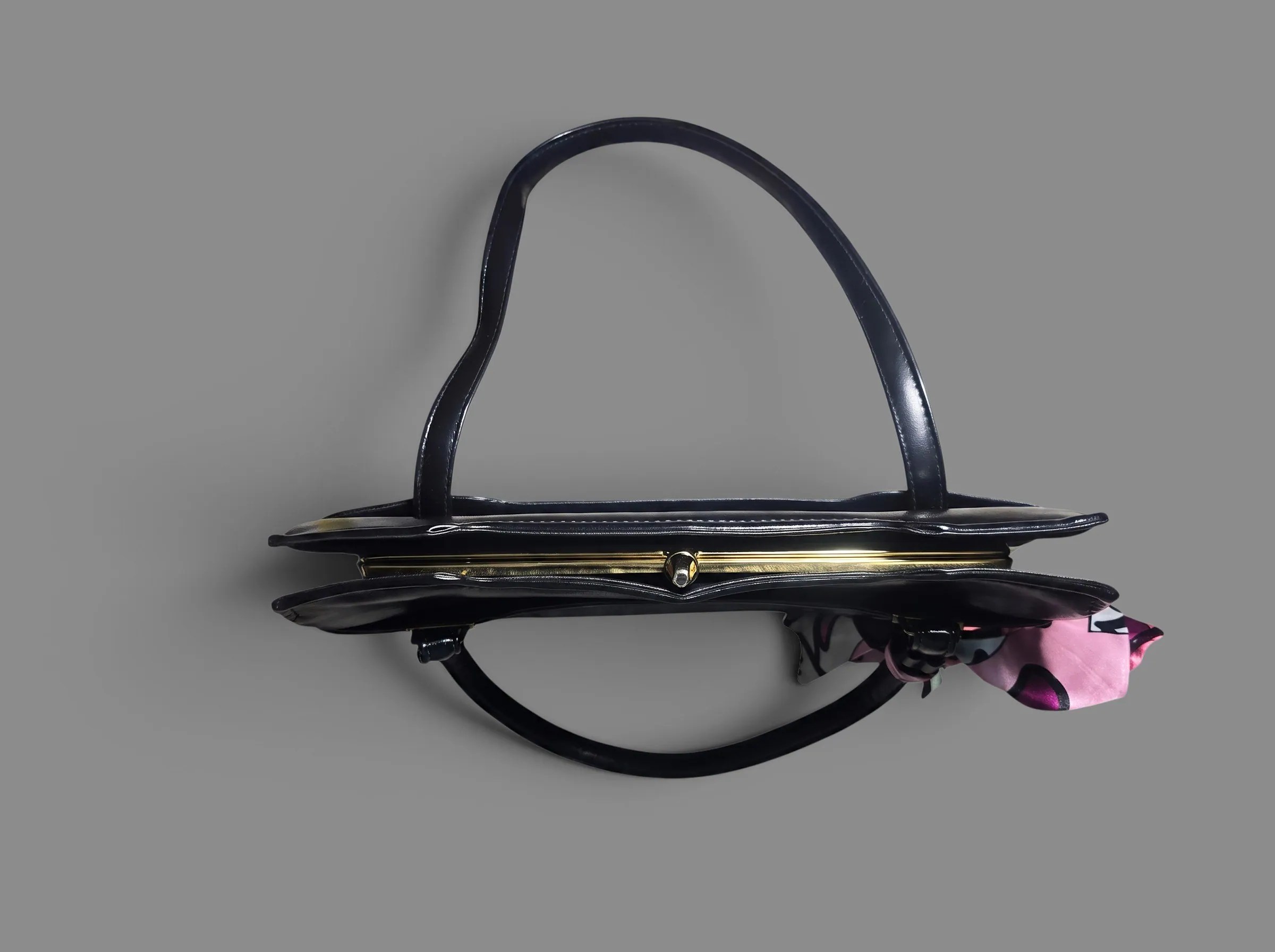 Black Push Back Frame Clasp Satchel Vintage Vibe Bag Multi Compartment Scarf Accent image 3