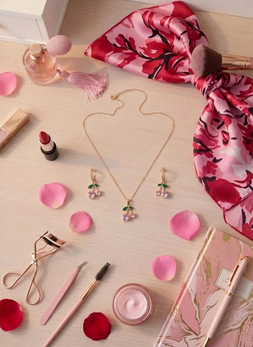 Pink Rhinestone Cherry Pendant Necklace & Matching Drop Earrings Set image 2