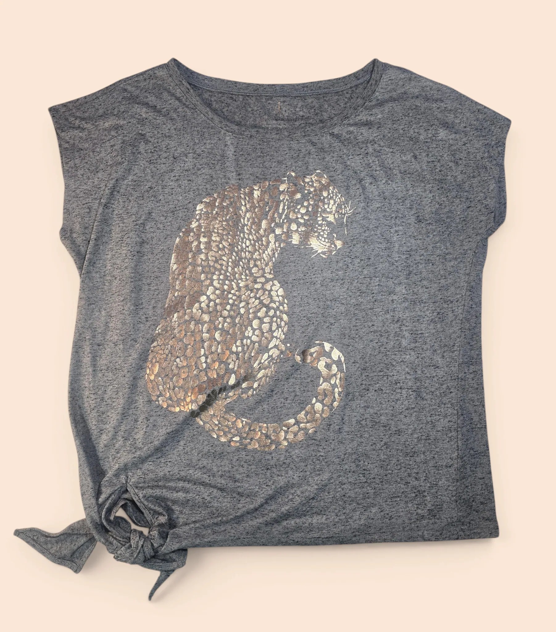 Juicy Couture Charcoal Grey Metallic Rose Gold Leopard Graphic Side Tie Top XL