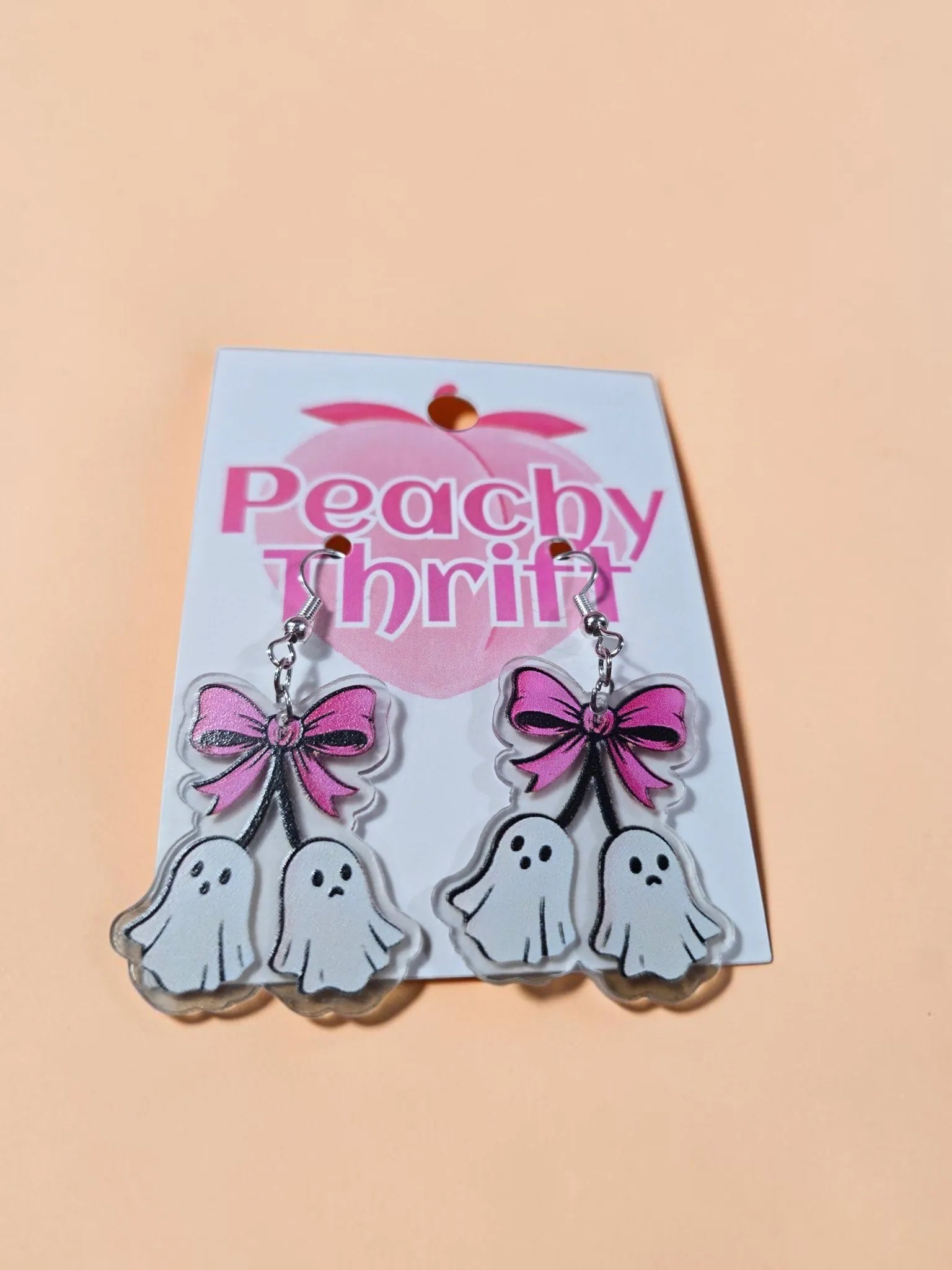 Spooky Cute Ghost Cherry Bow Earrings Acrylic Halloween Dangles Pink Coquette image 2