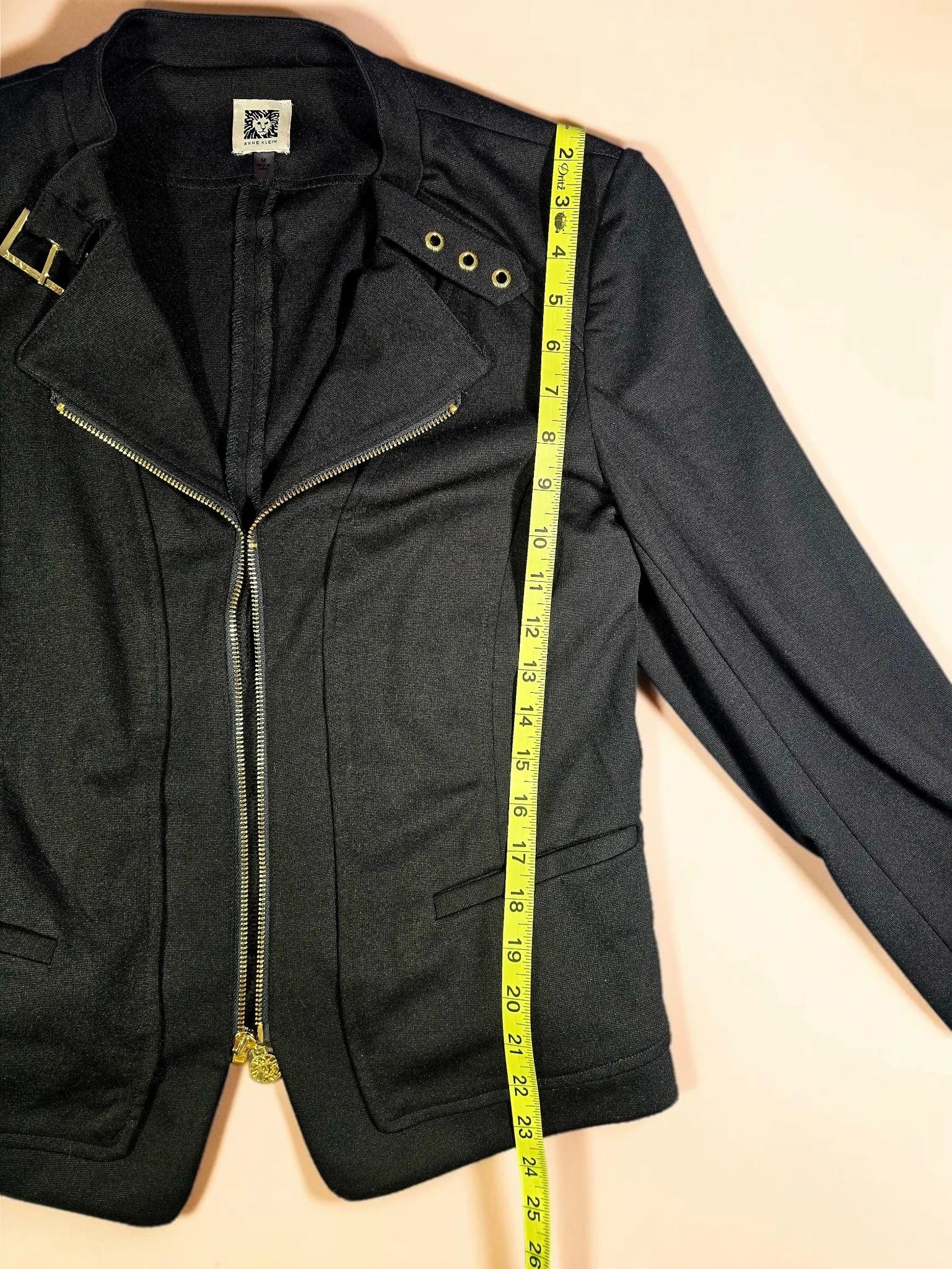 Anne Klein Black Gold Hardware Moto Zip Jacket Knit Blazer Medium image 7
