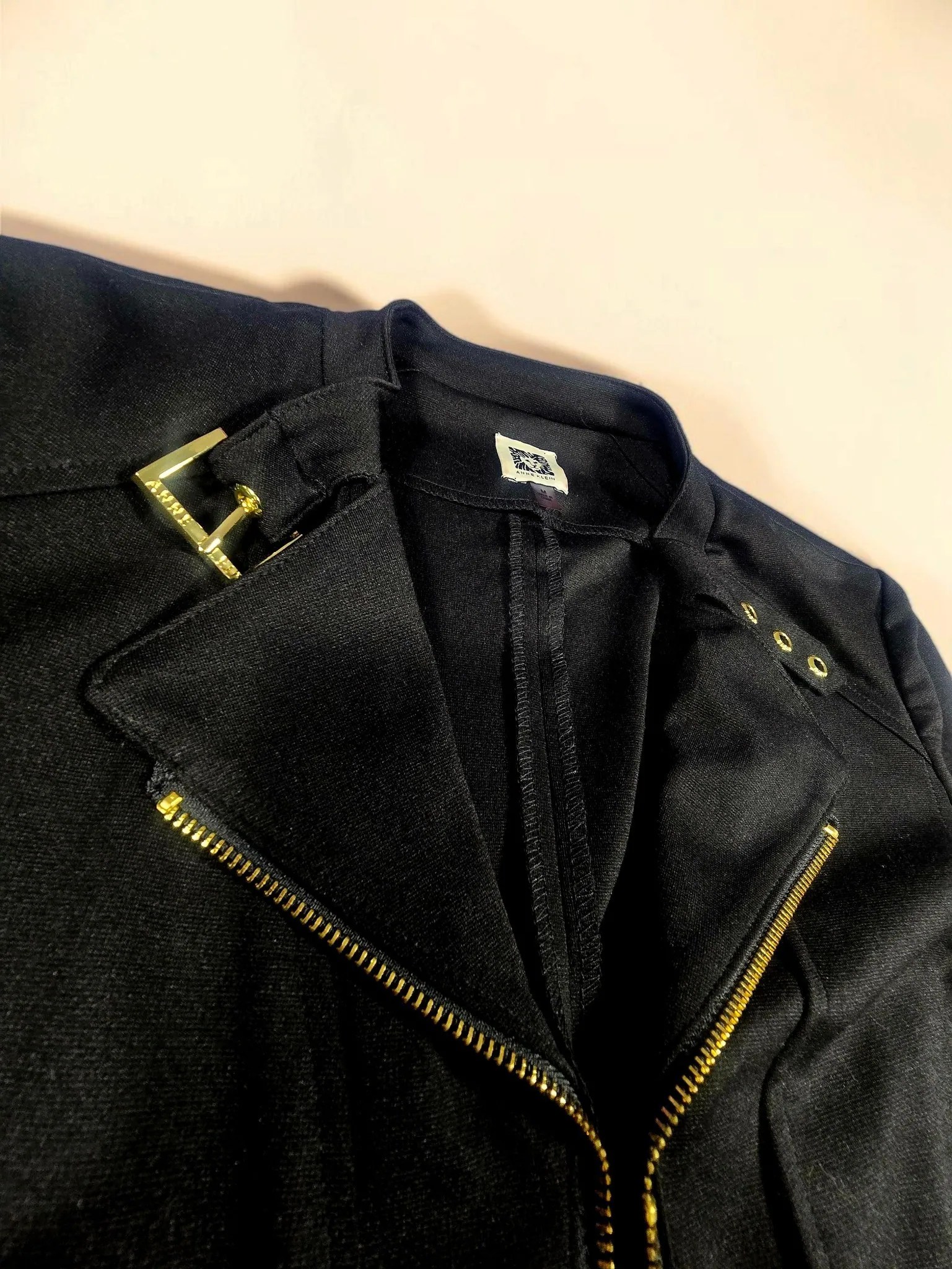 Anne Klein Black Gold Hardware Moto Zip Jacket Knit Blazer Medium image 3