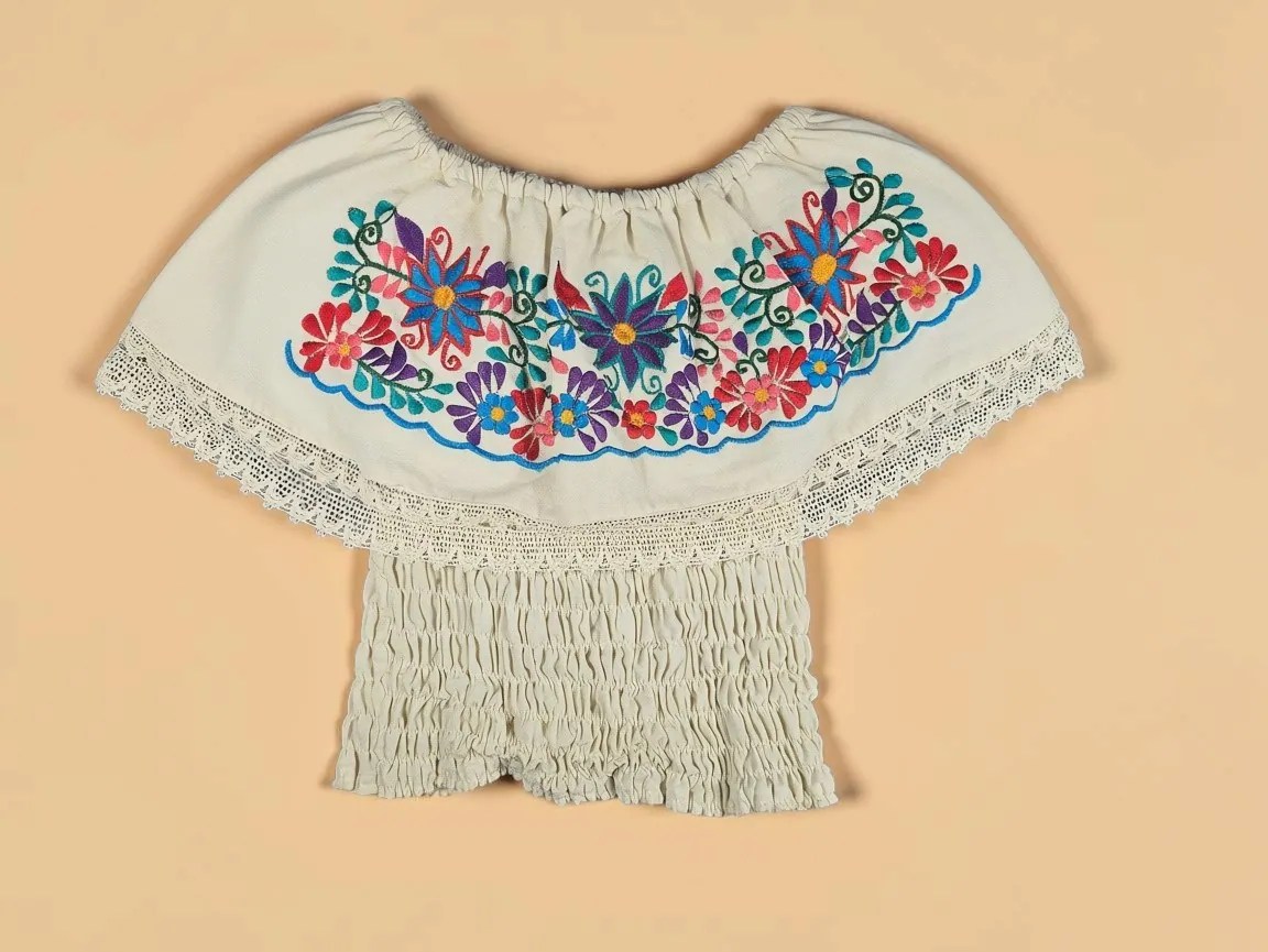 Mexican Floral Embroidered Off The Shoulder Top Smocked Crop Boho Cream Crochet