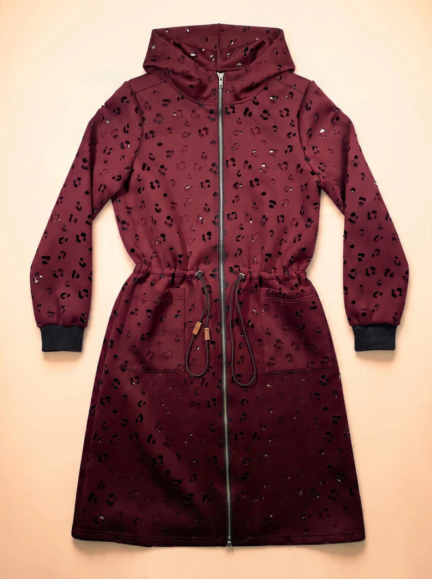 Burgundy Laser Cut Leopard Print Longline Hooded Jacket / Duster Coat or Dress